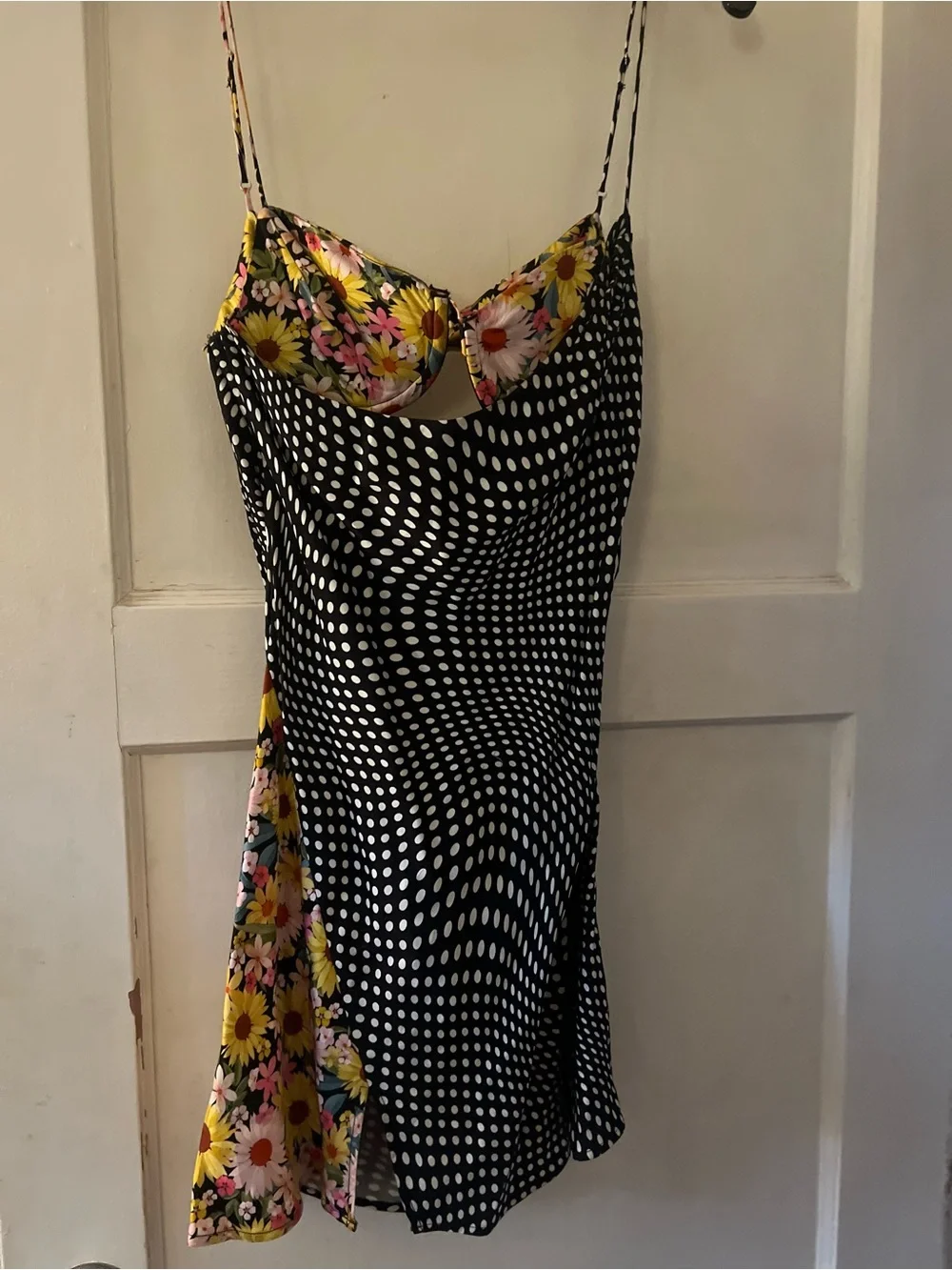 For love and lemons Anya Black Polka Dot Slip Dress with Floral Bust